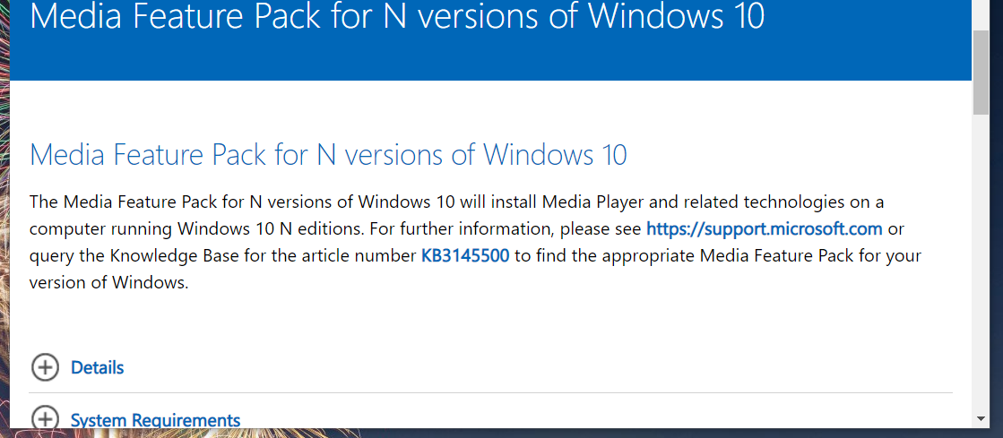 Media Feature Pack download page can't install windows media feature pack