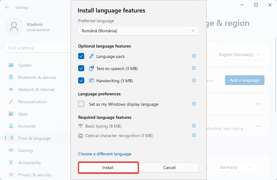 click on install to change the display language windows 11