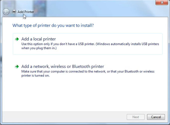 Add Printer window install printer drivers windows 7