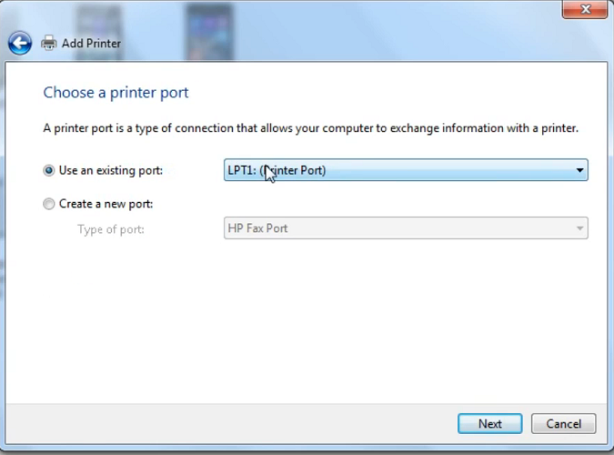 Use an existing port option install printer drivers windows 7