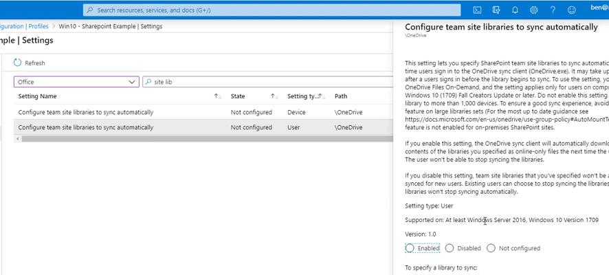 The Configure team site libraries to sync option sync sharepoint to onedrive automatically