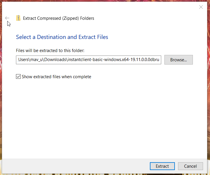 The Extract Compressed folders window install oracle odbc driver windows 10