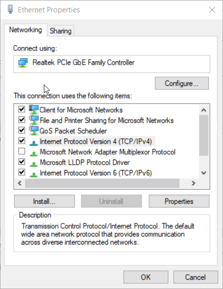 Ethernet Properties window ethernet spiking in task manager