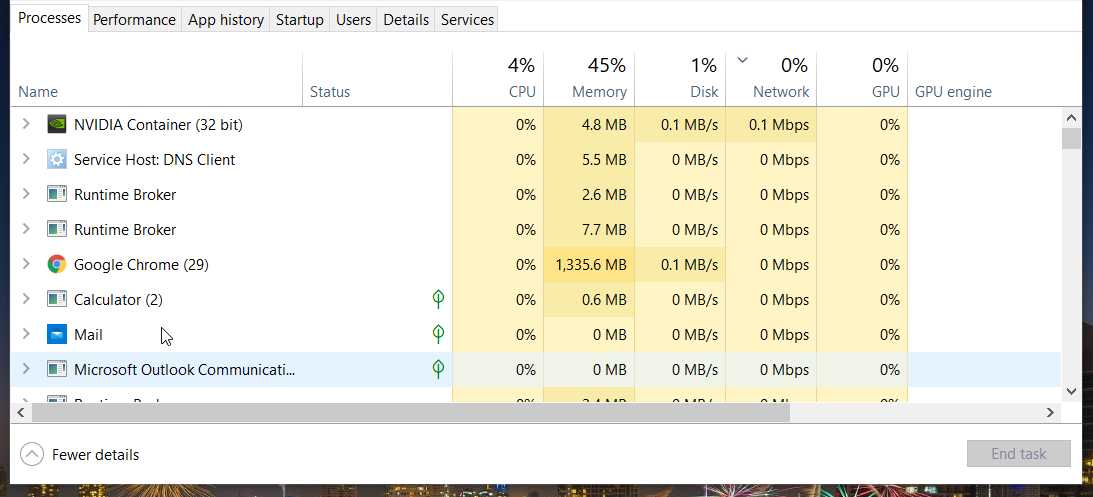 Processes tab ethernet spiking in task manager