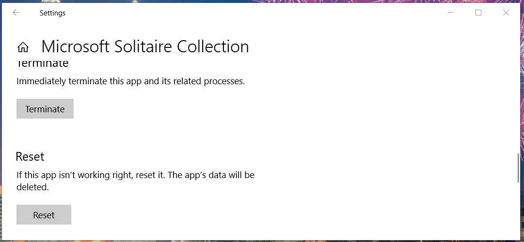 The Reset button microsoft solitaire collection not connecting to internet