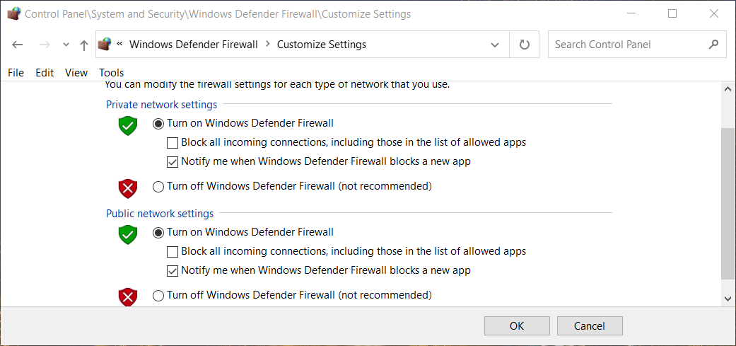 The Turn off Windows Defender Firewall settings ethernet spiking in task manager