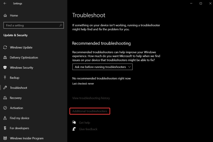 Additional troubleshooters Windows 10