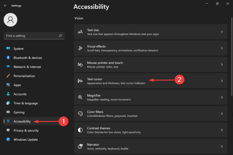 accesibility text cursor settings