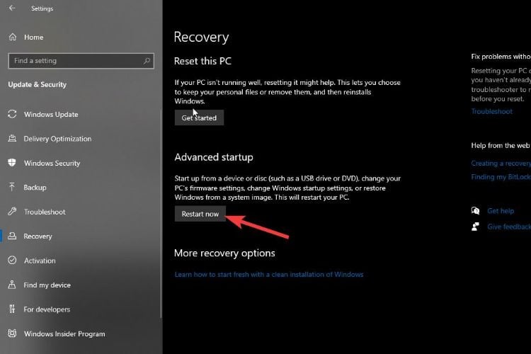 Windows recovery restart now