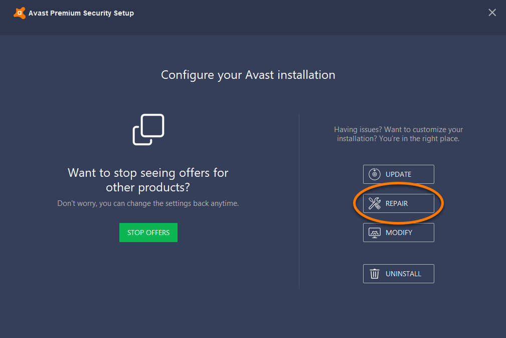 Repair button avast not scanning email