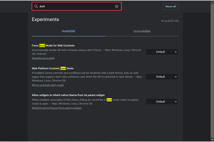 search dark in chrome flags