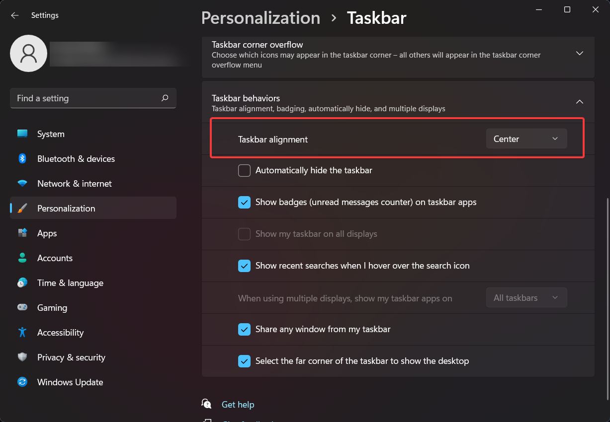 taskbar alignment settings windows 11