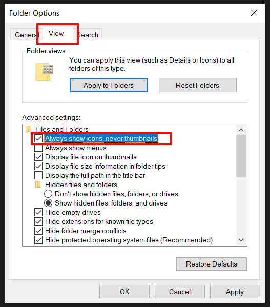 windows folder view settings not showing thumbnails
