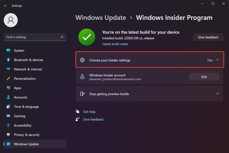 windows insider program settings