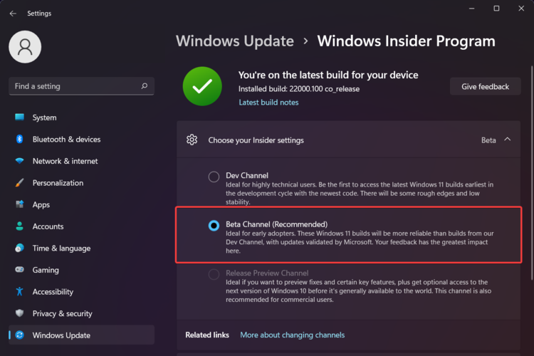 windows insider program beta channel check