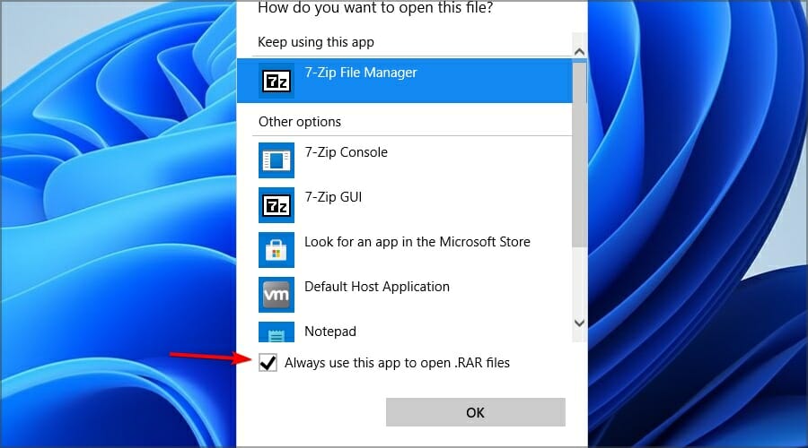 windows always use this app to open rar files