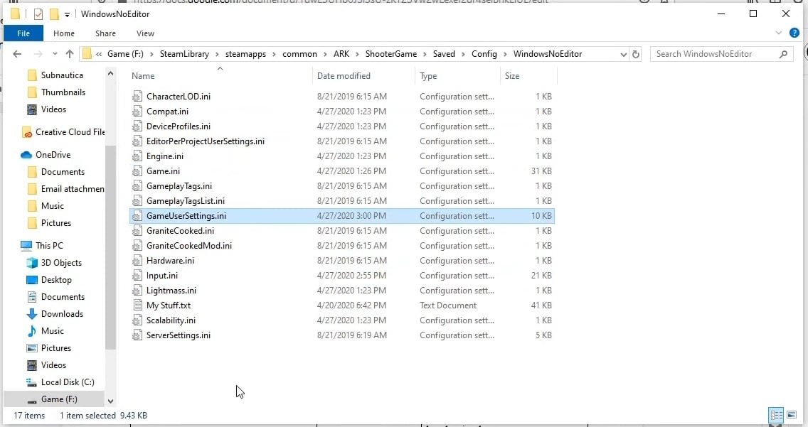 WindowsNoEditor folder ark single player settings not saving