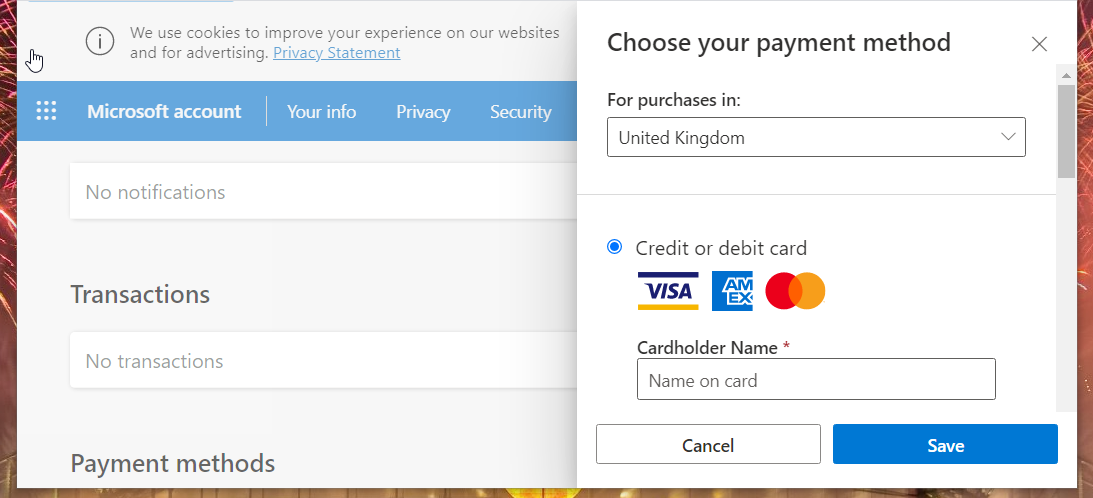 Payment method options can't change gamertag