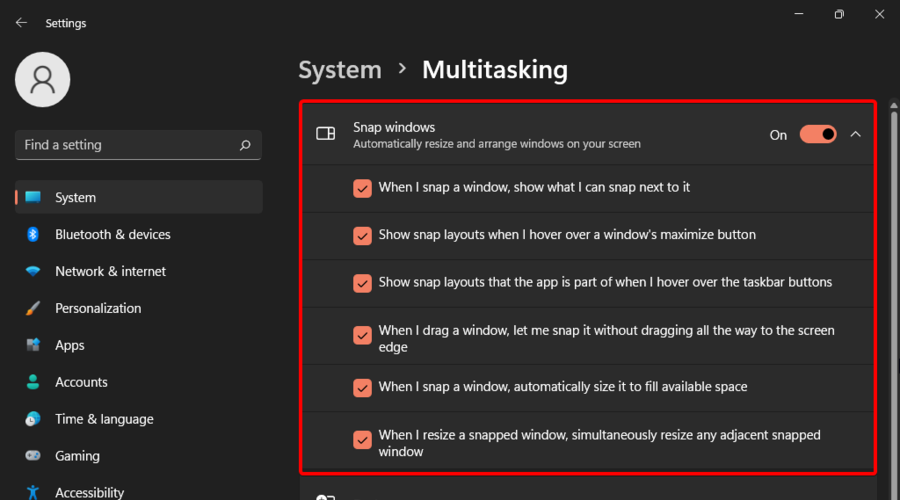 multitasking section snap windows additional options