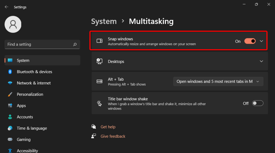 enable snap windows multitasking