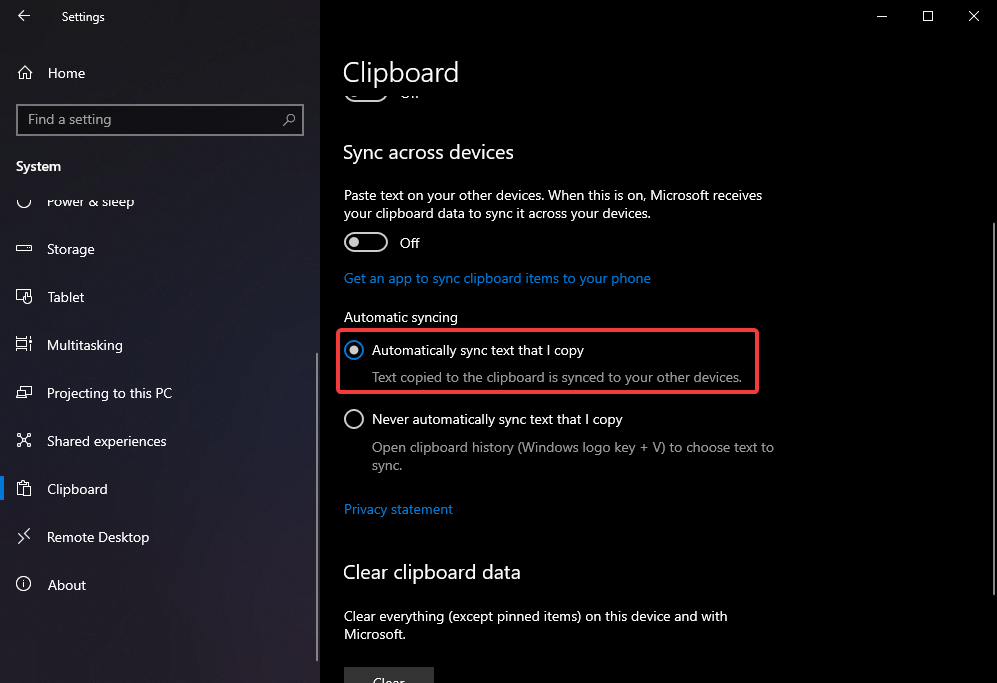 sync windows 10 clipboard across devices confirm setting