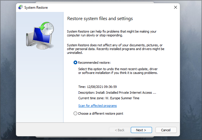 system restore settings