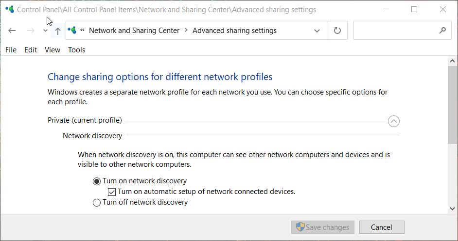The Turn on network discovery option access shared folder with different credentials