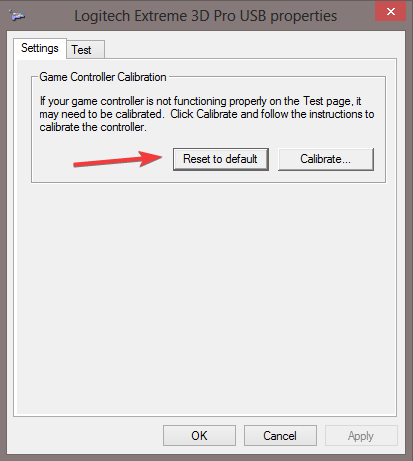 reset to default to calibrate logitech extreme 3d pro