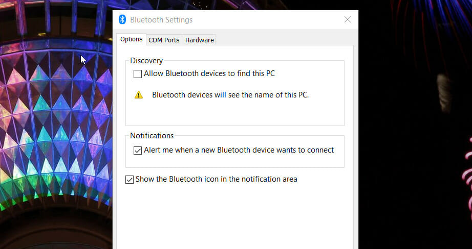 The Allow Bluetooth devices to find this PC checkbox bluetooth speaker paired but not connected