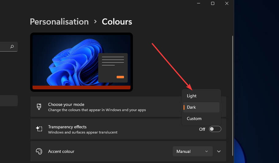 Choose your mode drop-down menu change taskbar color in windows 11
