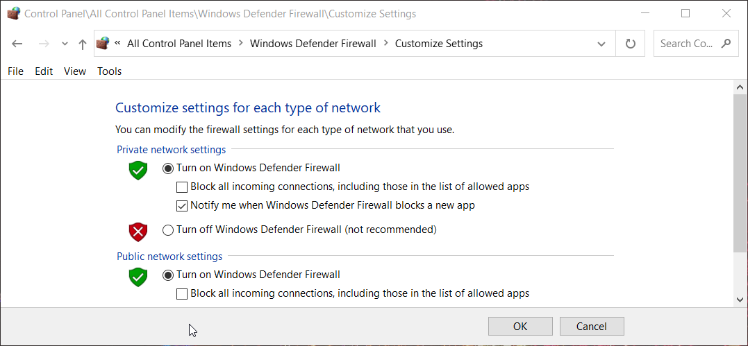 The Turn off Windows Defender Firewall options you have been disconnected from blizzard services