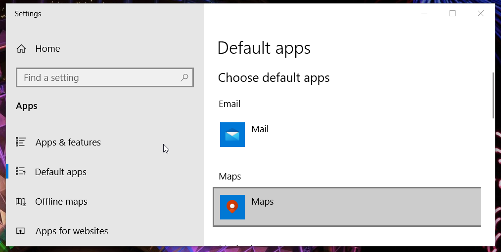 Default apps tab either there is no default mail client