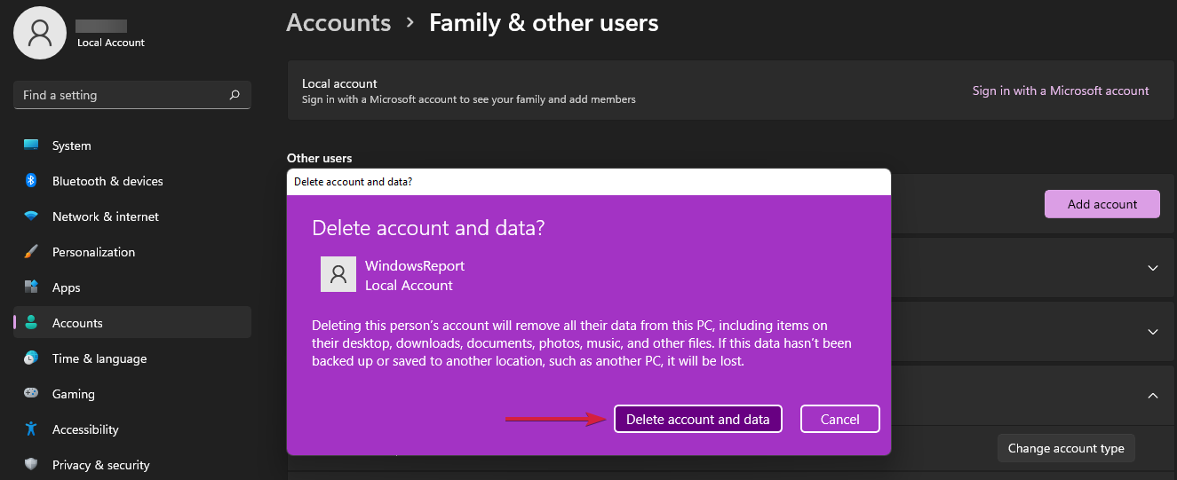 how to remove account from windows 11 delete acc and data