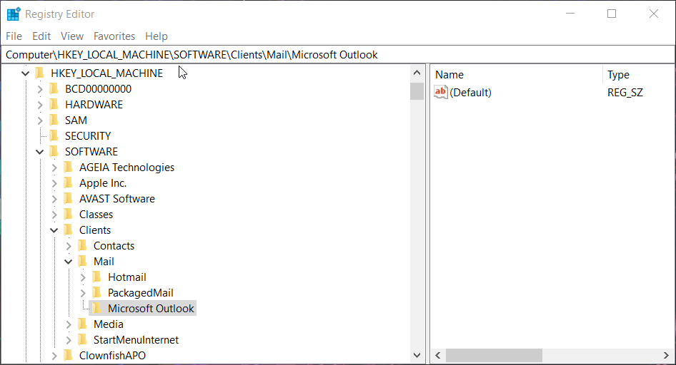 Microsoft Outlook キーには、既定の電子メール クライアントがありません。