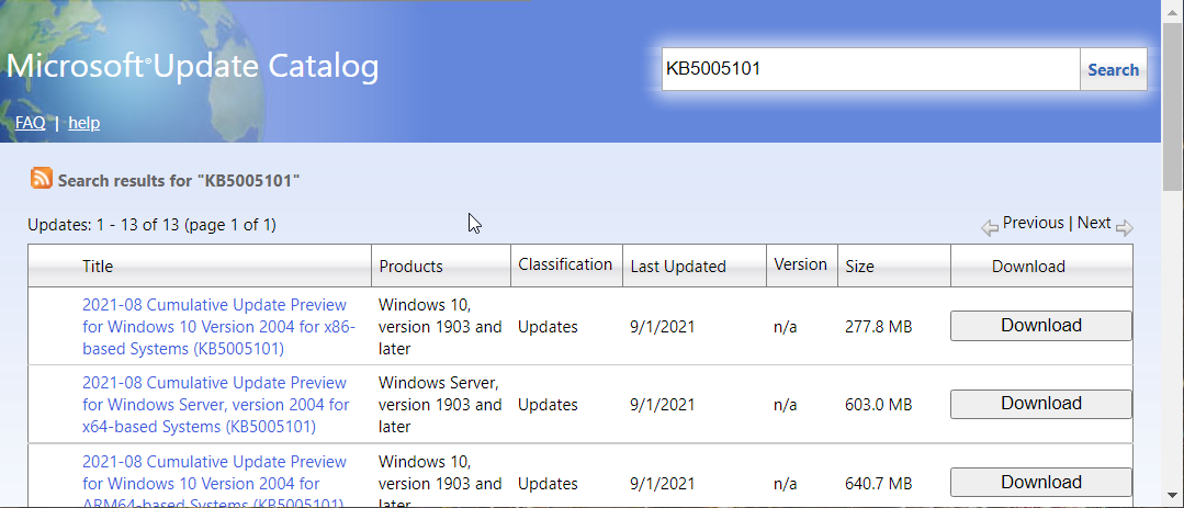 Microsoft Update Catalog Some update files are missing or have problems