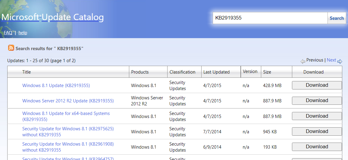 A Microsoft Update Catalog search 0x800705aa