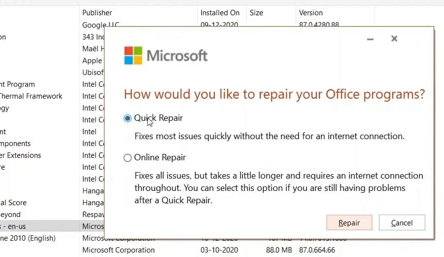 Quick Repair radio button either there is no default mail client