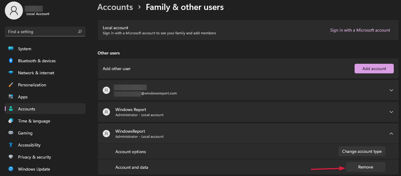 how to remove account from windows 11 settings