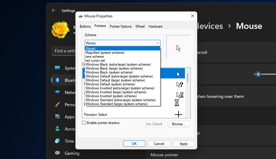 Scheme drop-down menu change mouse cursor color