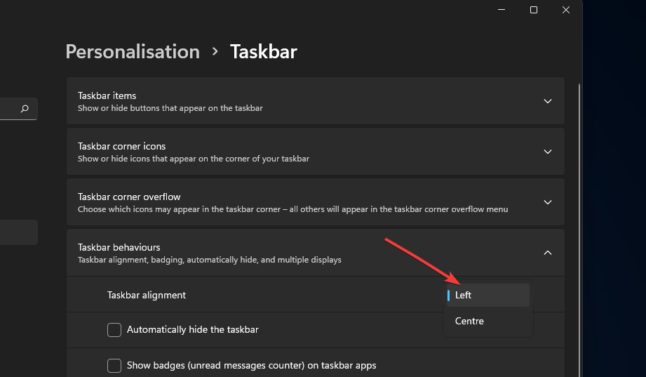 Taskbar alignment options change taskbar size windows 11
