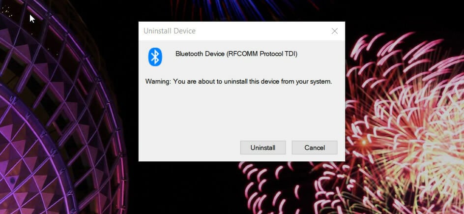 An Uninstall Device window airpods won't connect to