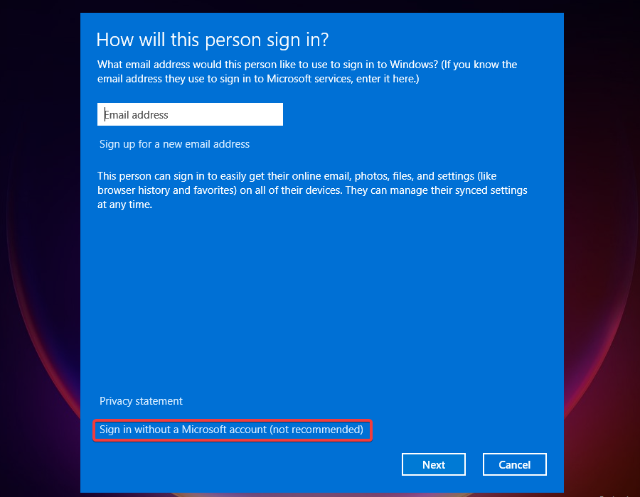 Sign in without a Microsoft account