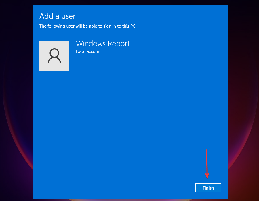 haga clic en finalizar para crear una cuenta de usuario local Windows 11