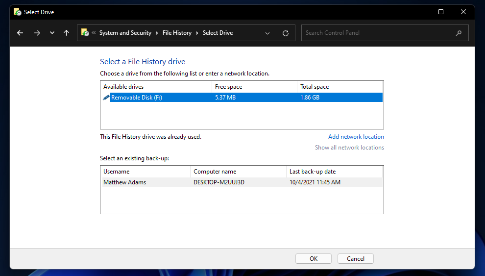 how to turn on file history windows 11 select drive