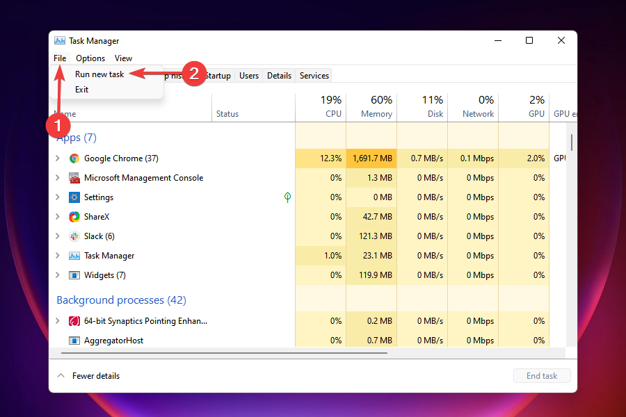 Run new task in Task Manager