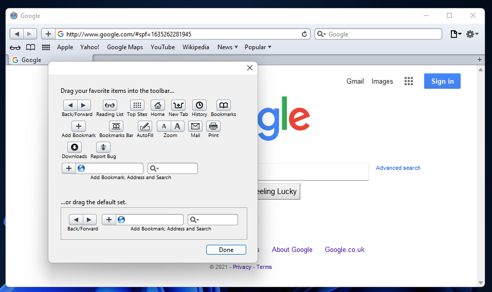 The toolbar customization options download safari windows 11