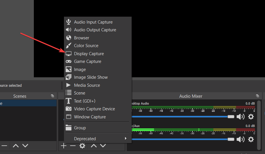 Display Capture options obs studio windows 11