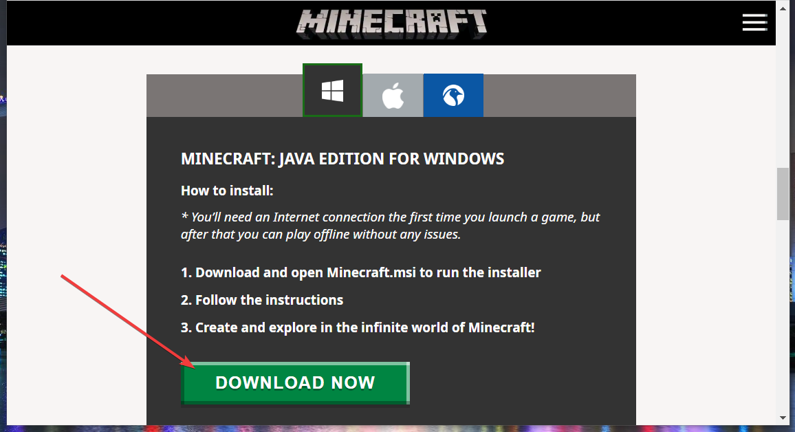 Download Now button minecraft download windows 11