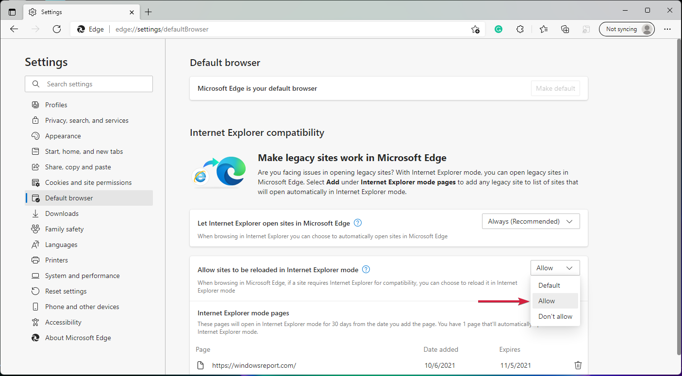 Internet Explorer でサイトのリロードを許可するチェックボックス