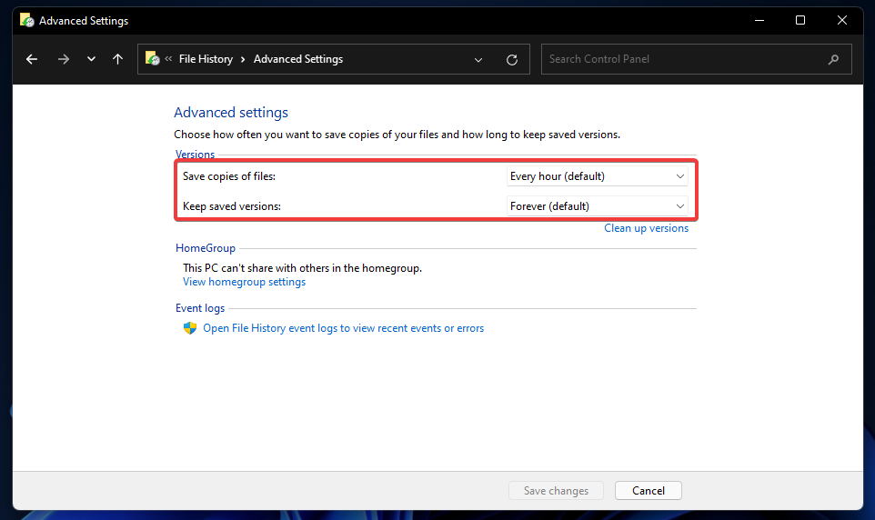 Advanced settings windows 11 file history